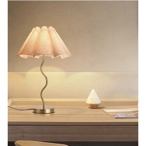 KUNJOULAM Small Desk Bedside Table Lamp Umbrella Form Fabric Gold Beige Shade